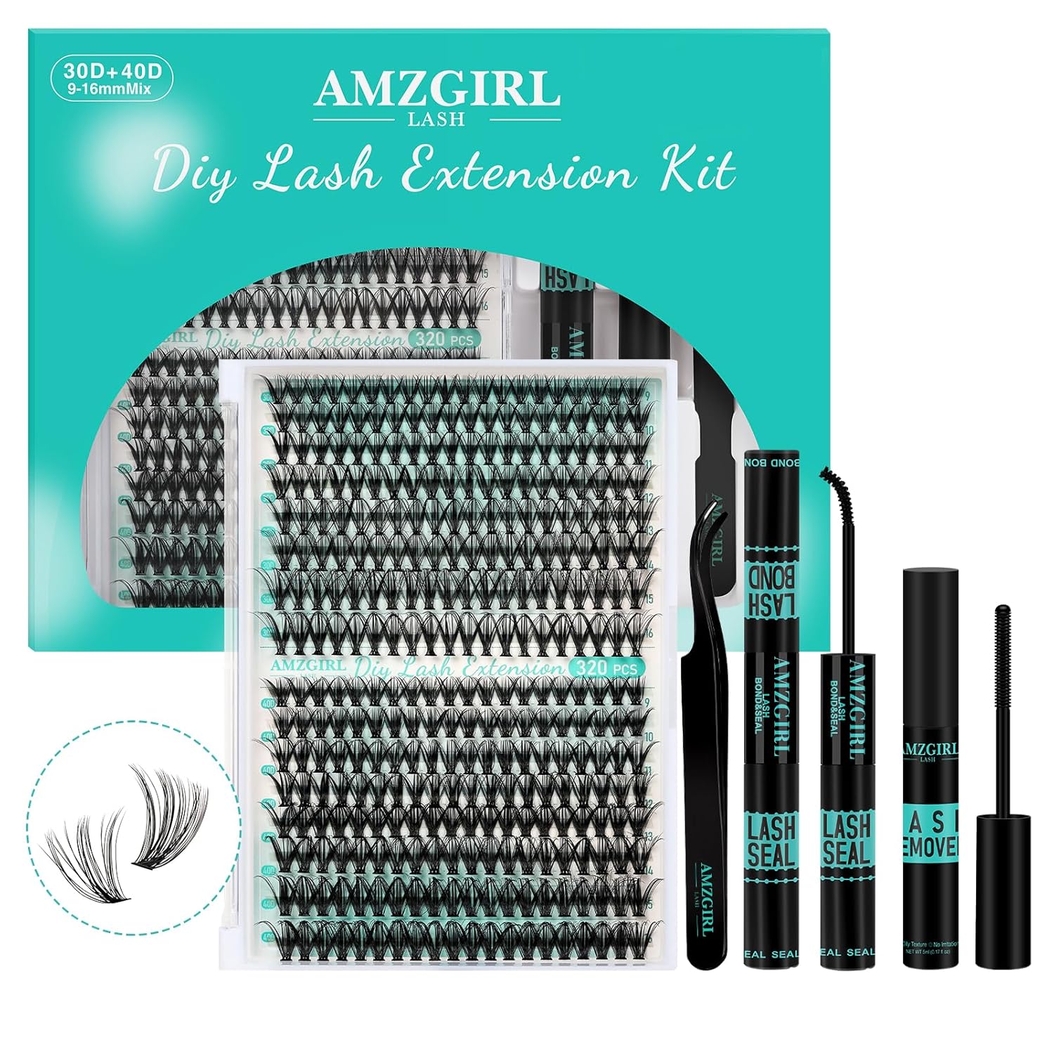 AMZGIRL LASH Clusters Kit 320Pcs, DIY Individual Extensions with Lash Bond and Seal, Remover For False Eyelashes, Applicator Tool Kit At Home(3040D,D-Mix9-16mm, Black | Vita Purely