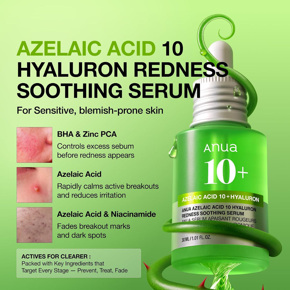 Revitalize Your Complexion with Our Azelaic Acid 10% & Hyaluronic Acid Redness Relief Serum - Lightweight Hydration for Blemish-Prone & Oily Skin, 1.01 Fl Oz