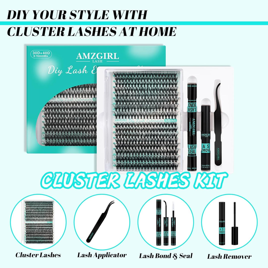 AMZGIRL LASH Clusters Kit 320Pcs, DIY Individual Extensions with Lash Bond and Seal, Remover For False Eyelashes, Applicator Tool Kit At Home(3040D,D-Mix9-16mm, Black | Vita Purely
